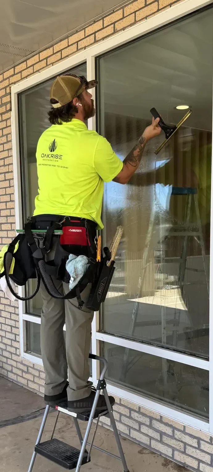 Technician cleaning commercial storefront windows