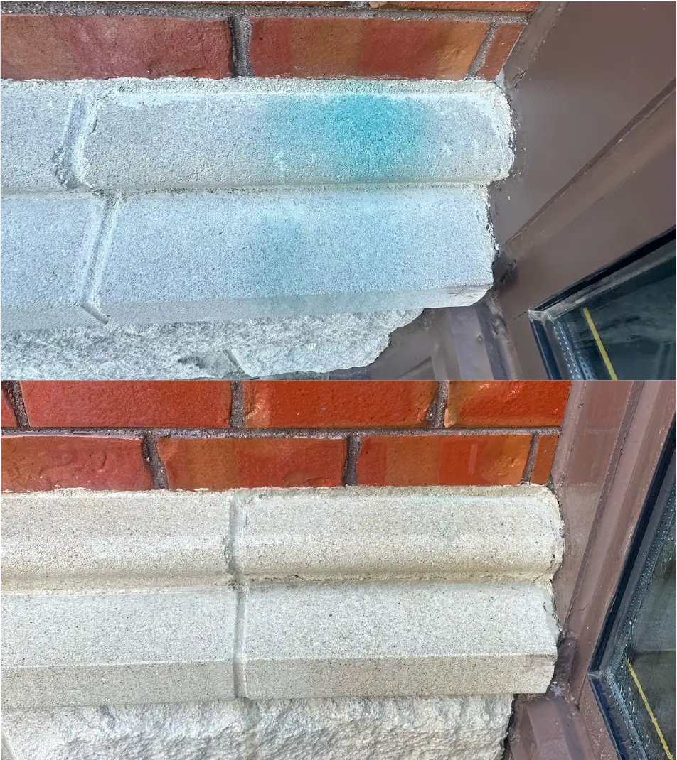 before and after brick oxidation and mineral stain removal
